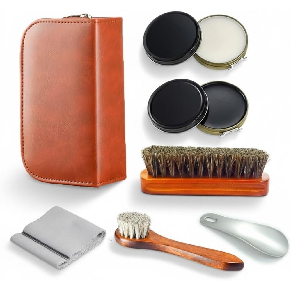 Luxury Shoe Care Kit with Horsehair Brushes & Polish - Travel Ready Essentials